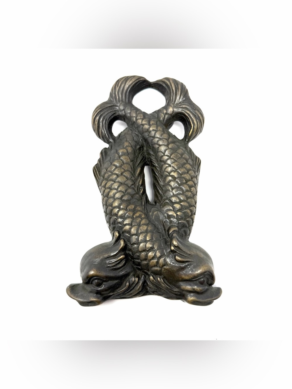 Vintage Bronze Double Dolphin Door Knocker Nautical Koi Fish Twisted Tail Heavy